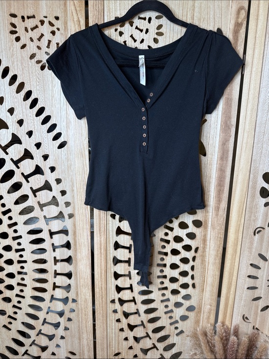 Intimately By Free People Tops - Women's Black Short-Sleeve V-Neck Button Front Bodysuit